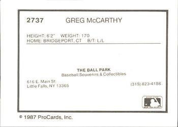 1987 ProCards #2737 Greg McCarthy Back
