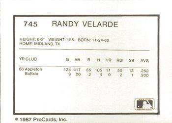1987 ProCards #745 Randy Velarde Back