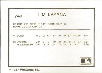 1987 ProCards #749 Tim Layana Back