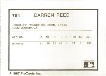 1987 ProCards #754 Darren Reed Back