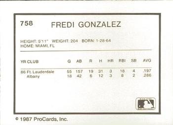 1987 ProCards #758 Fredi Gonzalez Back