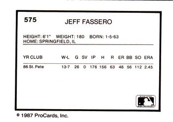 1987 ProCards #575 Jeff Fassero Back
