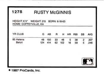 1987 ProCards #1278 Rusty McGinnis Back