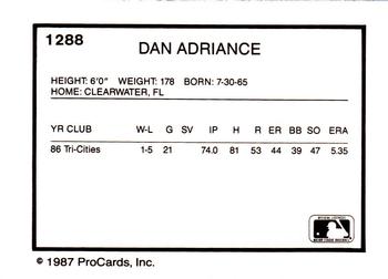 1987 ProCards #1288 Dan Adriance Back