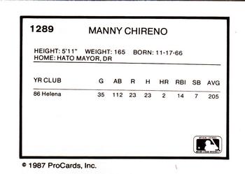 1987 ProCards #1289 Manny Chireno Back
