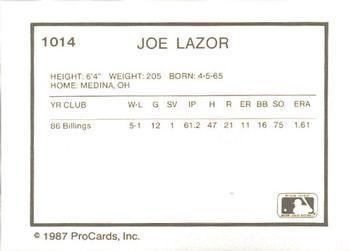 1987 ProCards #1014 Joe Lazor Back