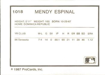1987 ProCards #1018 Mendy Espinal Back