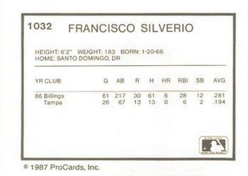 1987 ProCards #1032 Francisco Silverio Back