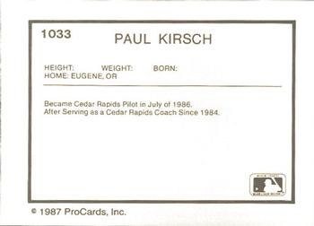 1987 ProCards #1033 Paul Kirsch Back