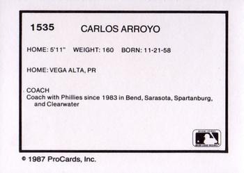 1987 ProCards #1535 Carlos Arroyo Back