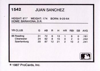 1987 ProCards #1542 Juan Sanchez Back
