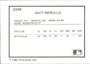 1987 ProCards #2296 Matt Merullo Back