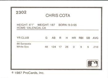1987 ProCards #2302 Chris Cota Back