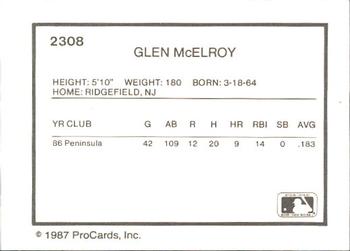 1987 ProCards #2308 Glen McElroy Back