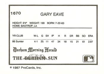 1987 ProCards #1670 Gary Eave Back