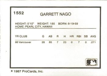 1987 ProCards #1552 Garrett Nago Back