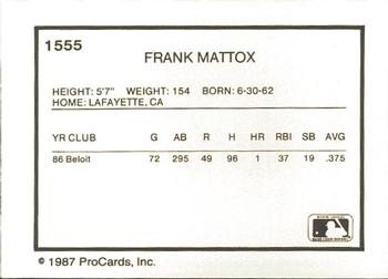 1987 ProCards #1555 Frank Mattox Back