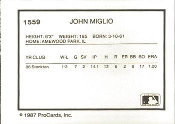 1987 ProCards #1559 John Miglio Back