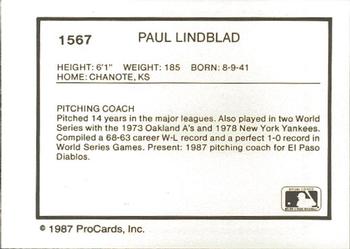 1987 ProCards #1567 Paul Lindblad Back