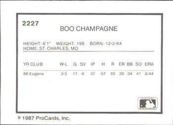 1987 ProCards #2227 Boo Champagne Back