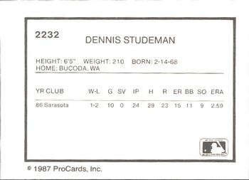 1987 ProCards #2232 Dennis Studeman Back