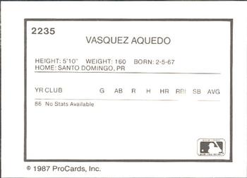 1987 ProCards #2235 Aguedo Vasquez  Back