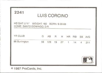 1987 ProCards #2241 Luis Corcino Back