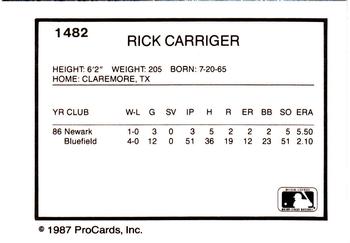 1987 ProCards #1482 Rick Carriger Back