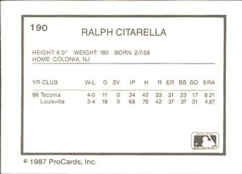 1987 ProCards #190 Ralph Citarella Back
