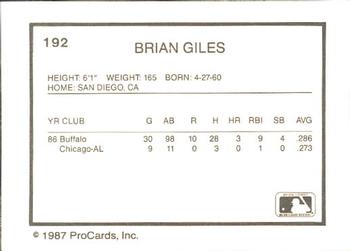 1987 ProCards #192 Brian Giles Back