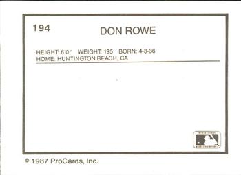 1987 ProCards #194 Don Rowe Back