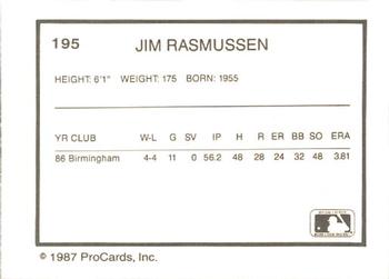 1987 ProCards #195 Jim Rasmussen Back