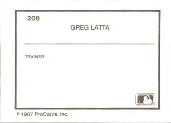 1987 ProCards #209 Greg Latta Back