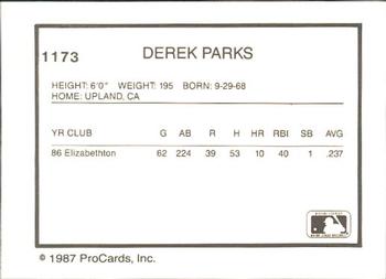 1987 ProCards #1173 Derek Parks Back