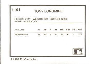 1987 ProCards #1191 Tony Longmire Back