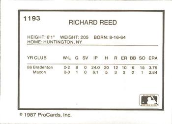 1987 ProCards #1193 Rick Reed Back