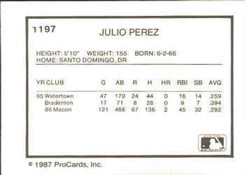 1987 ProCards #1197 Julio Perez Back