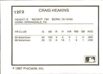 1987 ProCards #1202 Craig Heakins Back