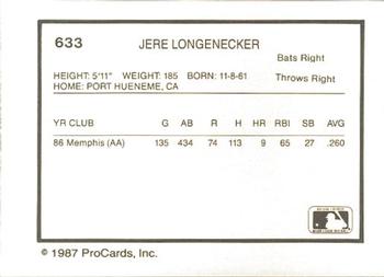 1987 ProCards #633 Jere Longenecker Back