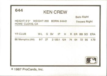 1987 ProCards #644 Ken Crew Back