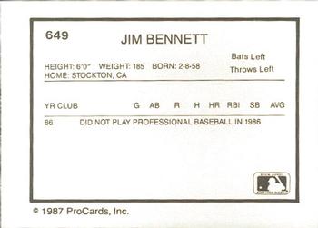 1987 ProCards #649 Jim Bennett Back