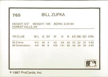 1987 ProCards #765 Bill Zupka Back