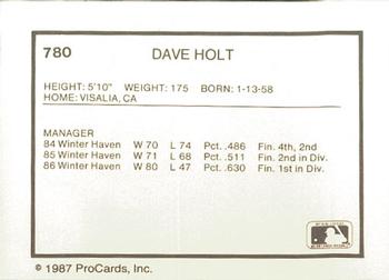 1987 ProCards #780 Dave Holt Back