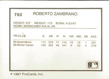 1987 ProCards #782 Roberto Zambrano Back