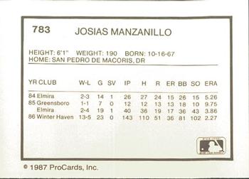 1987 ProCards #783 Josias Manzanillo Back