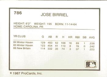 1987 ProCards #786 Jose Birriel Back
