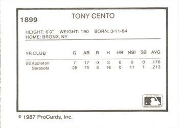 1987 ProCards #1899 Tony Cento Back