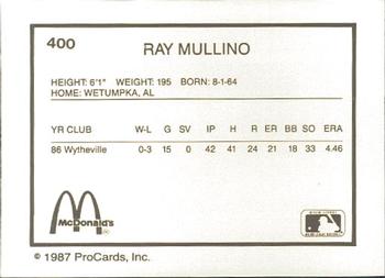 1987 ProCards #400 Ray Mullino Back