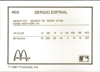 1987 ProCards #403 Sergio Espinal Back