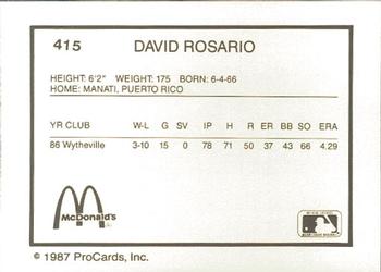 1987 ProCards #415 David Rosario Back
